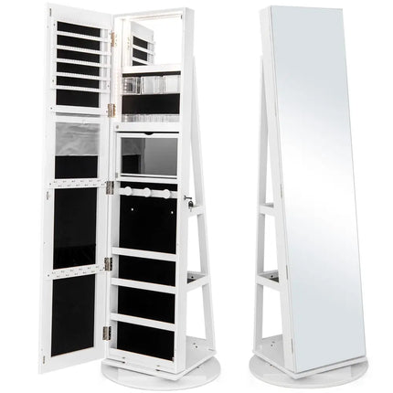 360° Rotating Mirrored Jewelry Cabinet Armoire 3 Color LED Modes Lockable-White - White - Jewelry Armoires