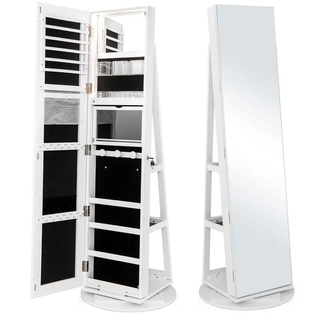 360° Rotating Mirrored Jewelry Cabinet Armoire 3 Color LED Modes Lockable-White - White - Jewelry Armoires