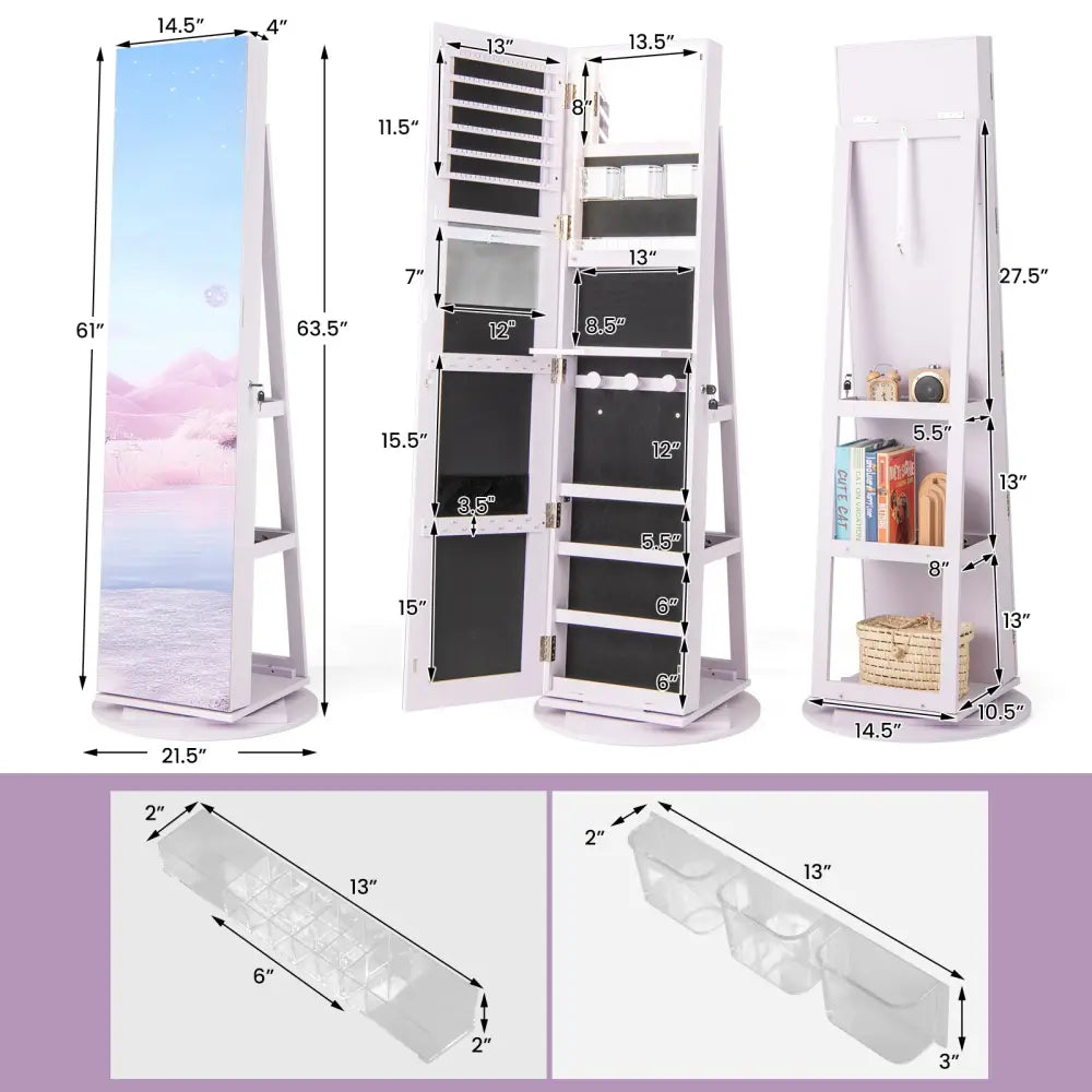 360° Rotating Mirrored Jewelry Cabinet Armoire 3 Color LED Modes Lockable-Purple - Purple - Jewelry Armoires