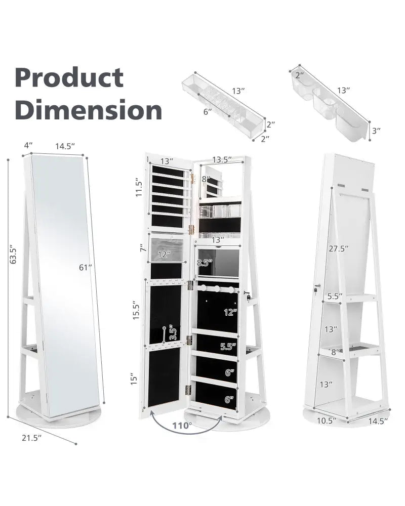 360° Rotating Mirrored Jewelry Cabinet Armoire 3 Color LED Modes Lockable-White - White - Jewelry Armoires