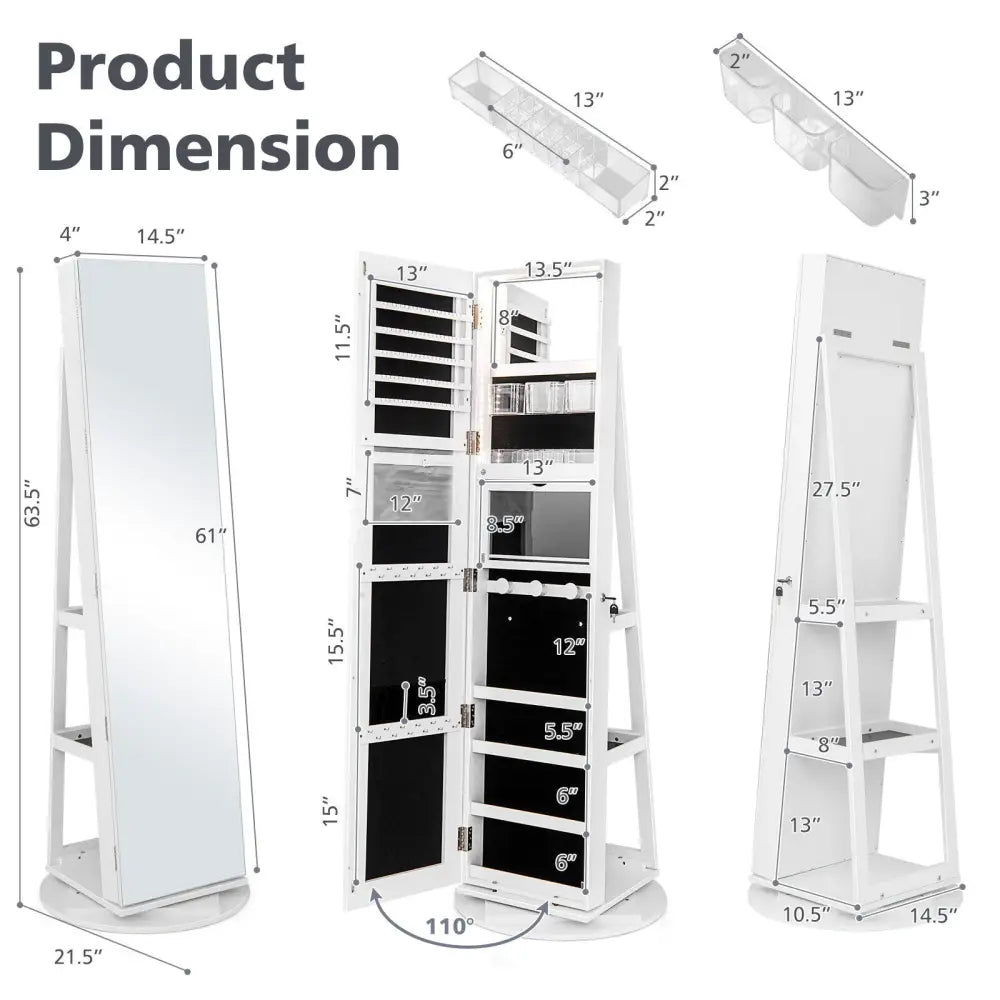 360° Rotating Mirrored Jewelry Cabinet Armoire 3 Color LED Modes Lockable-White - White - Jewelry Armoires
