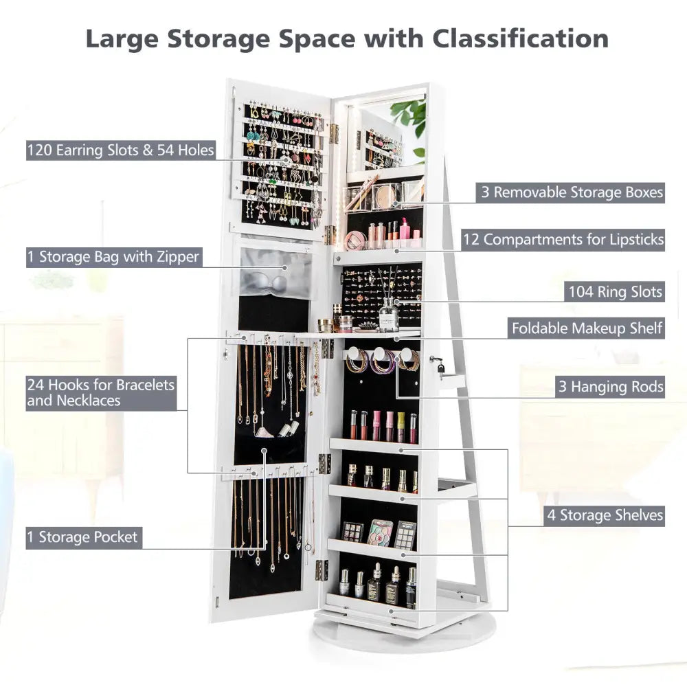 360° Rotating Mirrored Jewelry Cabinet Armoire 3 Color LED Modes Lockable-White - White - Jewelry Armoires