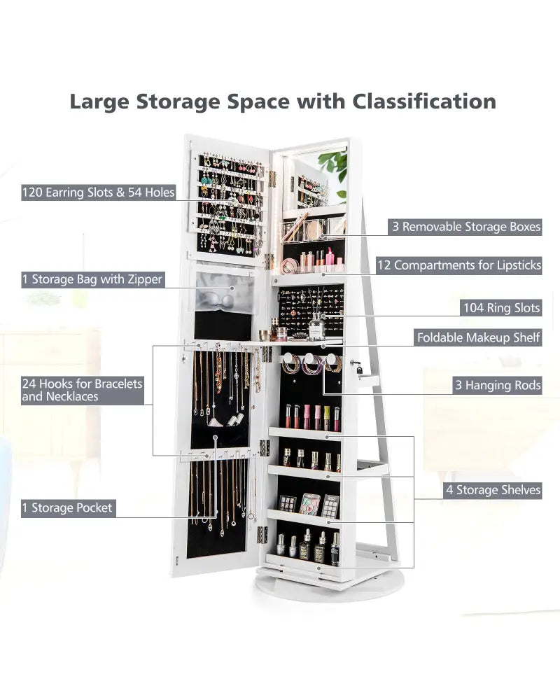 360° Rotating Mirrored Jewelry Cabinet Armoire 3 Color LED Modes Lockable-White - White - Jewelry Armoires