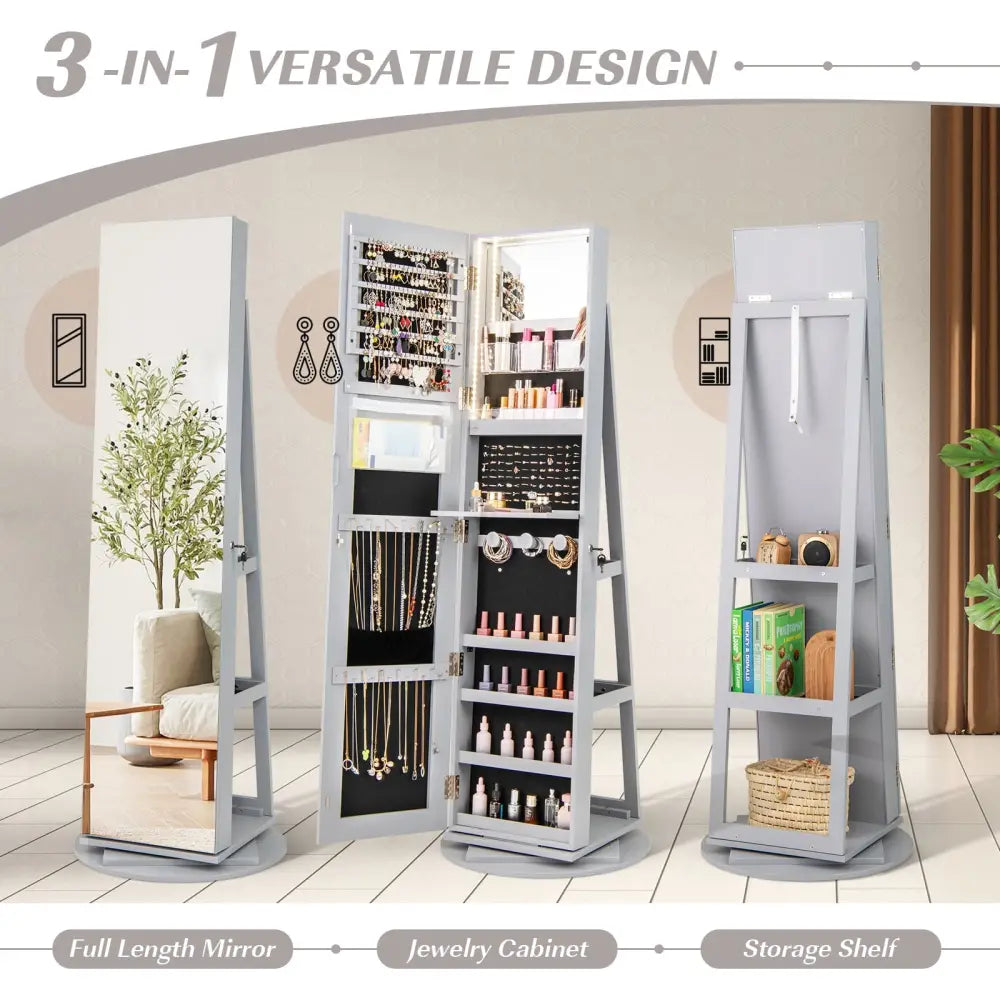 360° Rotating Mirrored Jewelry Cabinet Armoire 3 Color LED Modes Lockable-Gray - Gray - Jewelry Armoires