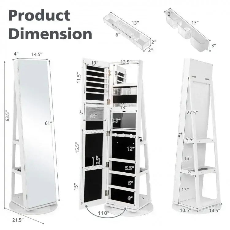360° Rotating Mirrored Jewelry Cabinet Armoire 3 Color LED Modes Lockable - White - Oasis Home Essentials