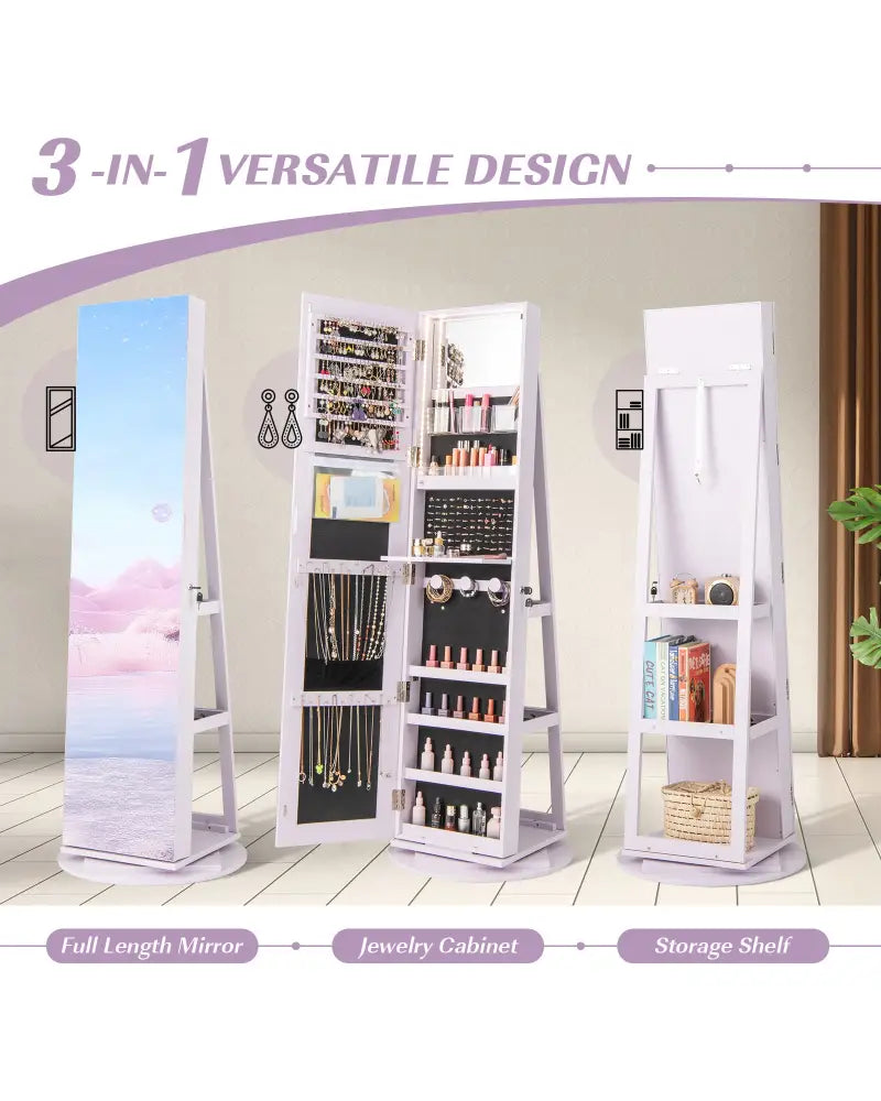 360° Rotating Mirrored Jewelry Cabinet Armoire 3 Color LED Modes Lockable-Purple - Purple - Jewelry Armoires