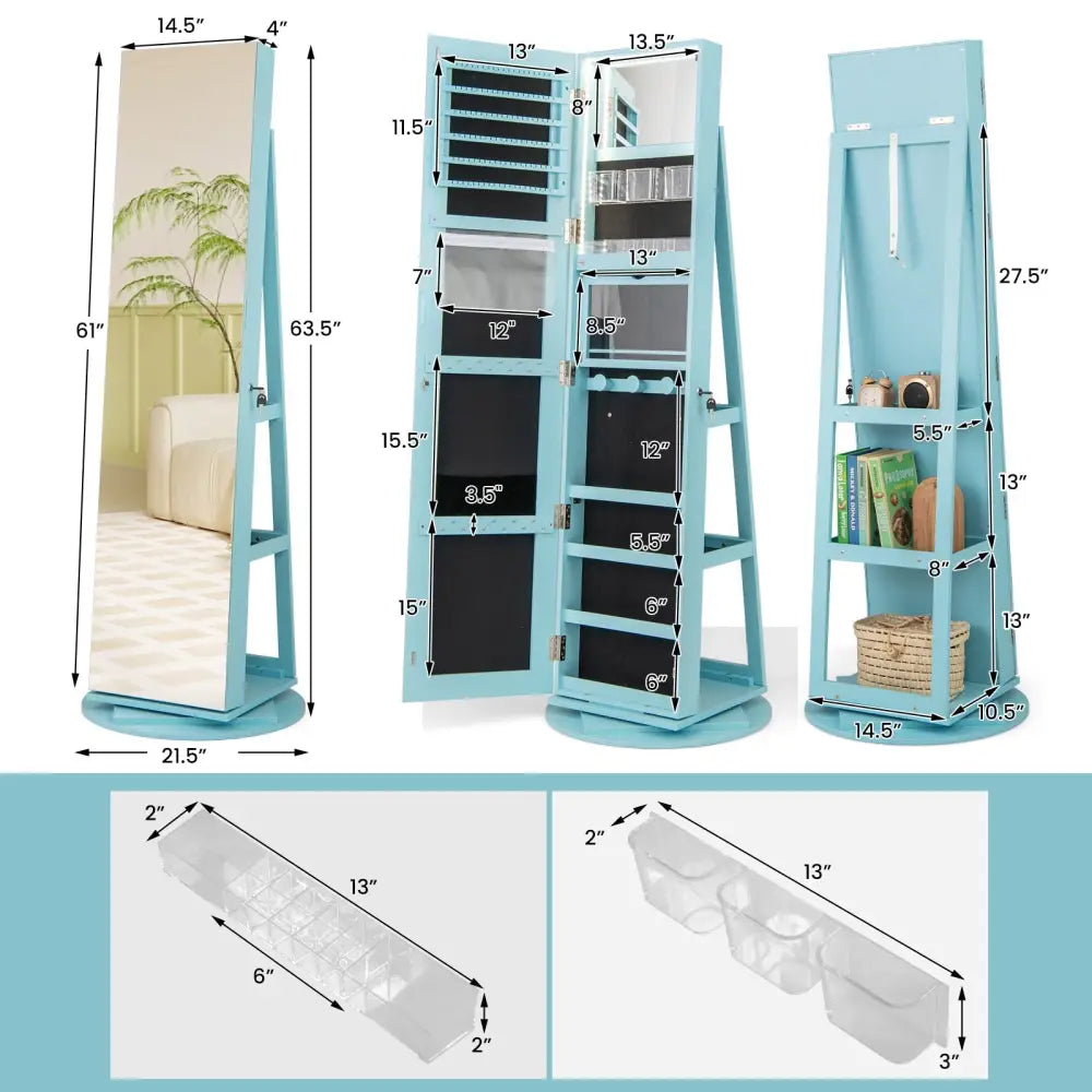 360° Rotating Mirrored Jewelry Cabinet Armoire 3 Color LED Modes Lockable-Blue Costway