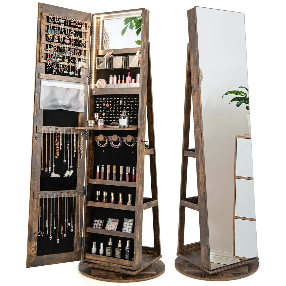 360° Rotating Mirrored Jewelry Cabinet Armoire 3 Color LED Modes Lockable-Brown - Brown - Jewelry Armoires