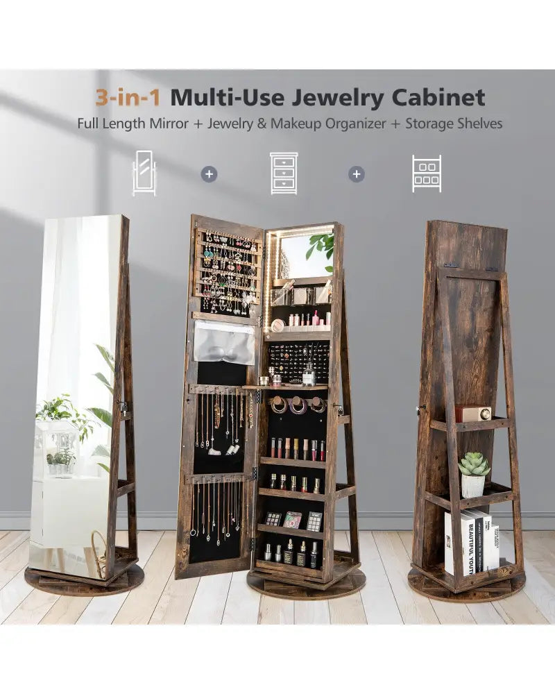 360° Rotating Mirrored Jewelry Cabinet Armoire 3 Color LED Modes Lockable-Brown - Brown - Jewelry Armoires