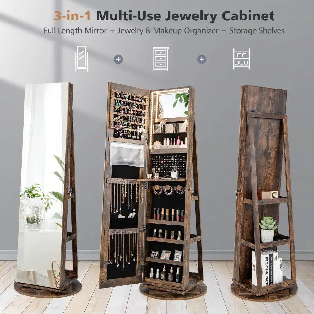 360° Rotating Mirrored Jewelry Cabinet Armoire 3 Color LED Modes Lockable-Brown - Brown - Jewelry Armoires