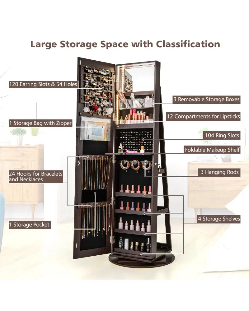 360° Rotating Mirrored Jewelry Cabinet Armoire 3 Color LED Modes Lockable-Espresso - Espresso - Jewelry Armoires