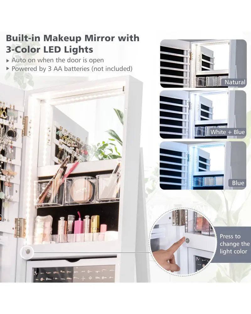 360° Rotating Mirrored Jewelry Cabinet Armoire 3 Color LED Modes Lockable-White - White - Jewelry Armoires