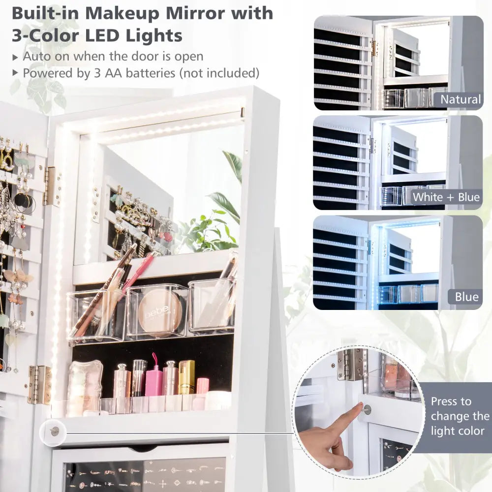 360° Rotating Mirrored Jewelry Cabinet Armoire 3 Color LED Modes Lockable-White - White - Jewelry Armoires