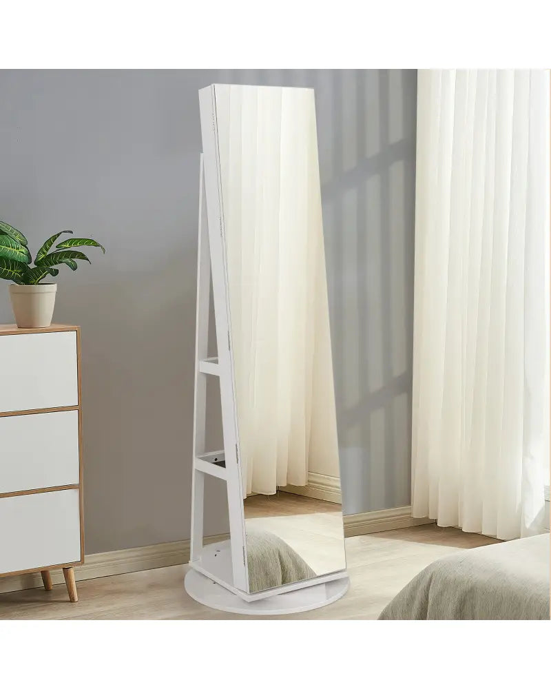 360° Rotating Mirrored Jewelry Cabinet Armoire 3 Color LED Modes Lockable-White - White - Jewelry Armoires