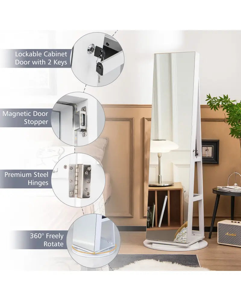 360° Rotating Mirrored Jewelry Cabinet Armoire 3 Color LED Modes Lockable-White - White - Jewelry Armoires