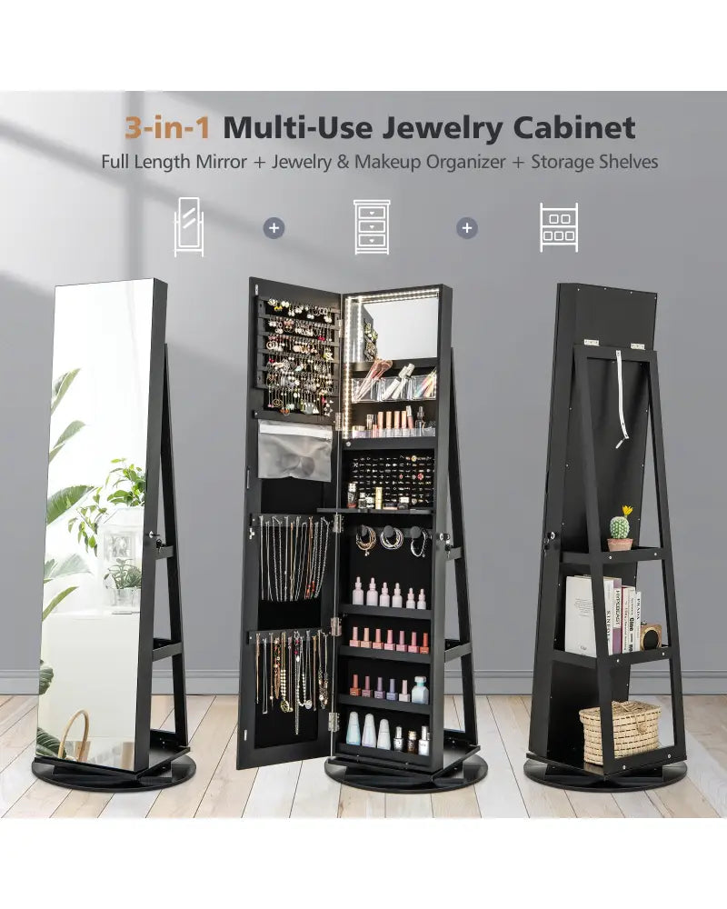 360° Rotating Mirrored Jewelry Cabinet Armoire 3 Color LED Modes Lockable-Black - Black - Jewelry Armoires