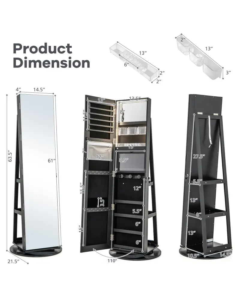 360° Rotating Mirrored Jewelry Cabinet Armoire 3 Color LED Modes Lockable-Black - Black - Jewelry Armoires