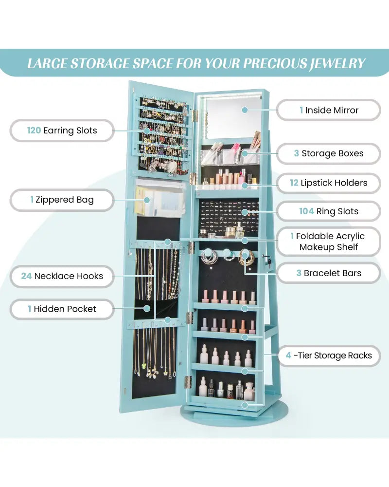 360° Rotating Mirrored Jewelry Cabinet Armoire 3 Color LED Modes Lockable-Blue - Blue - Jewelry Armoires