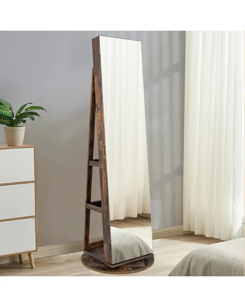 360° Rotating Mirrored Jewelry Cabinet Armoire 3 Color LED Modes Lockable-Brown - Brown - Jewelry Armoires