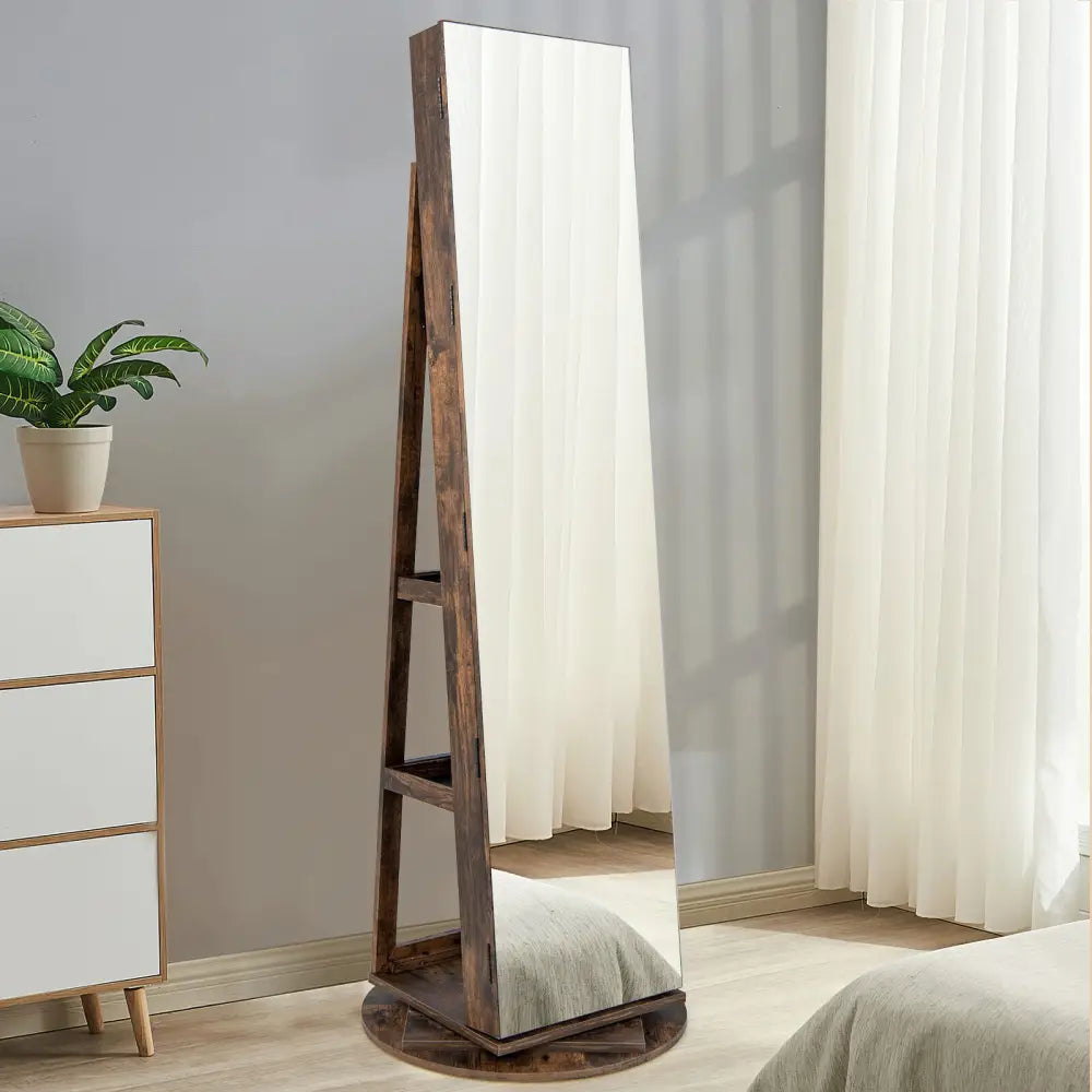 360° Rotating Mirrored Jewelry Cabinet Armoire 3 Color LED Modes Lockable-Brown - Brown - Jewelry Armoires