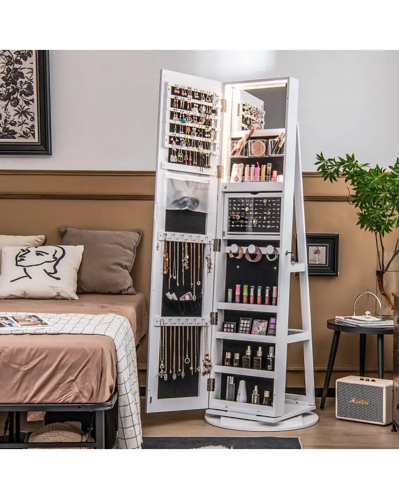 360° Rotating Mirrored Jewelry Cabinet Armoire 3 Color LED Modes Lockable-White - White - Jewelry Armoires