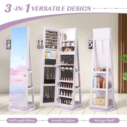 360° Rotating Mirrored Jewelry Cabinet Armoire 3 Color LED Modes Lockable-Purple Costway