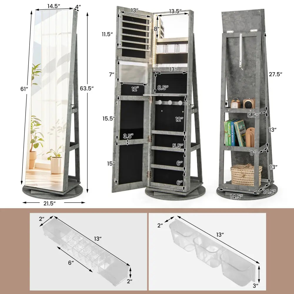 360° Rotating Mirrored Jewelry Cabinet Armoire 3 Color LED Modes Lockable-Green - Green - Jewelry Armoires