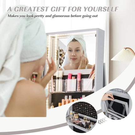 360° Rotating Mirrored Jewelry Cabinet Armoire 3 Color LED Modes Lockable-Gray Costway