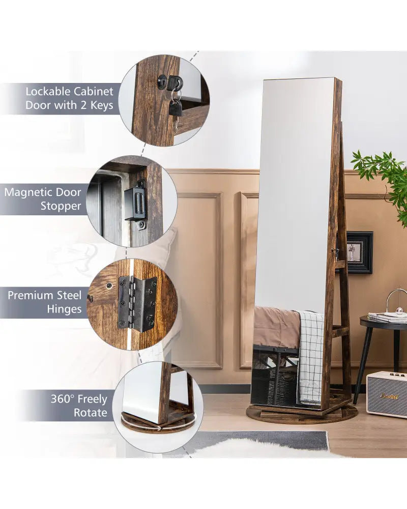 360° Rotating Mirrored Jewelry Cabinet Armoire 3 Color LED Modes Lockable-Brown - Brown - Jewelry Armoires