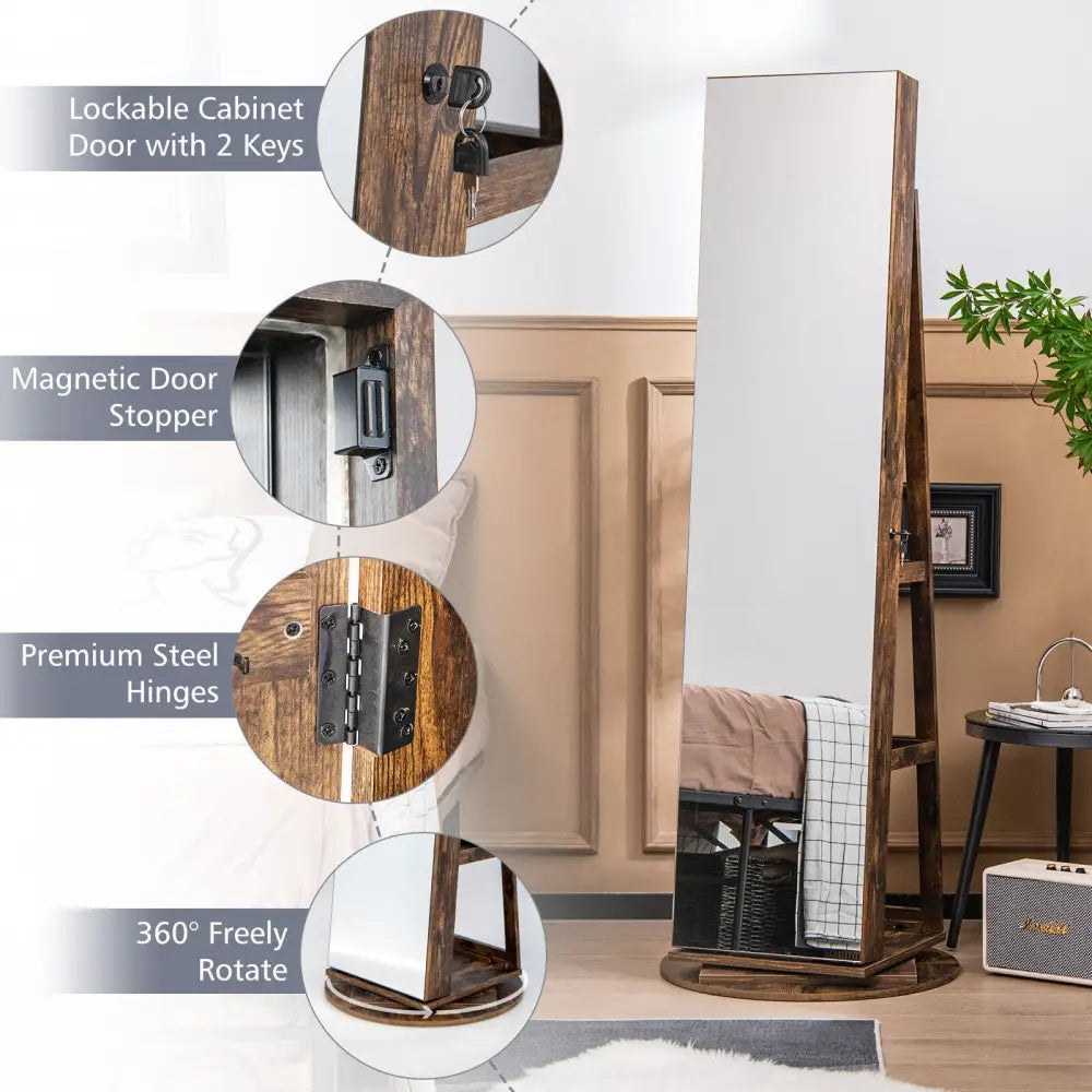 360° Rotating Mirrored Jewelry Cabinet Armoire 3 Color LED Modes Lockable-Brown - Brown - Jewelry Armoires