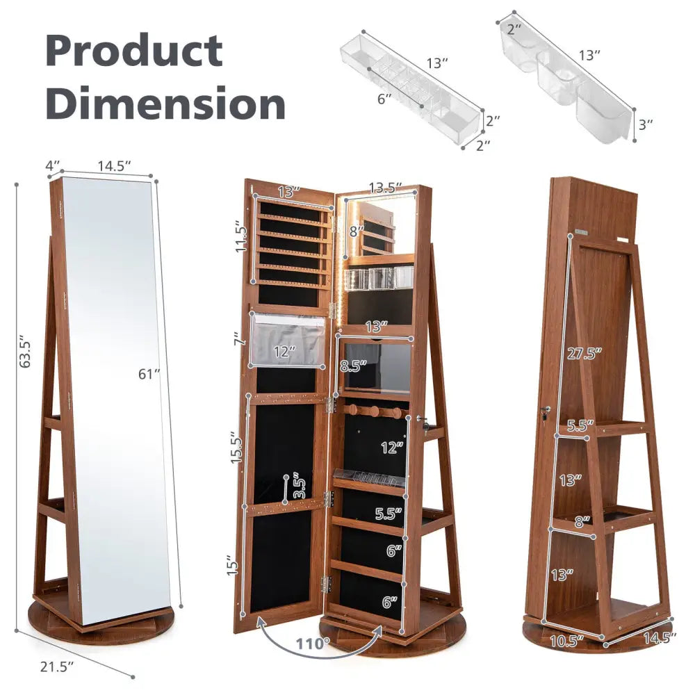 360° Rotating Mirrored Jewelry Cabinet Armoire 3 Color LED Modes Lockable-Dark Brown - Dark Brown - Jewelry Armoires