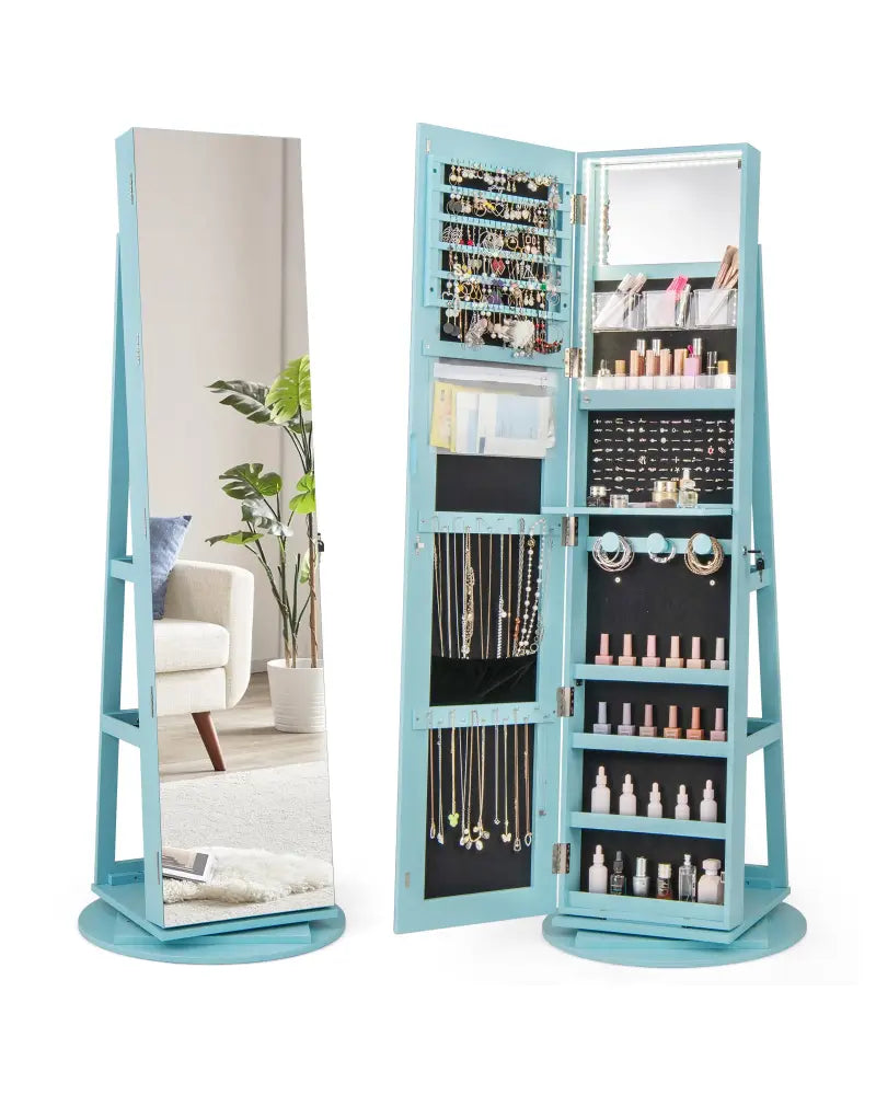 360° Rotating Mirrored Jewelry Cabinet Armoire 3 Color LED Modes Lockable-Blue - Blue - Jewelry Armoires