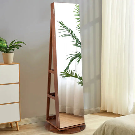 360° Rotating Mirrored Jewelry Cabinet Armoire 3 Color LED Modes Lockable-Dark Brown Costway