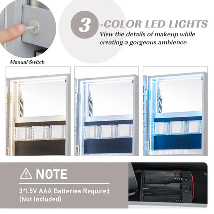 360° Rotating Mirrored Jewelry Cabinet Armoire 3 Color LED Modes Lockable-Gray Costway