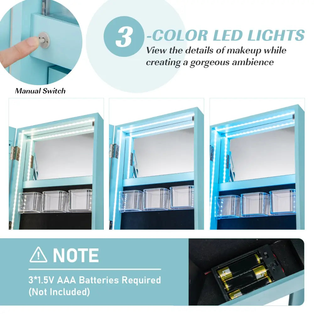 360° Rotating Mirrored Jewelry Cabinet Armoire 3 Color LED Modes Lockable-Blue - Blue - Jewelry Armoires