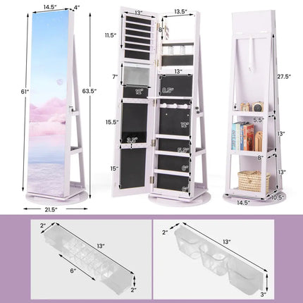360° Rotating Mirrored Jewelry Cabinet Armoire 3 Color LED Modes Lockable-Purple Costway