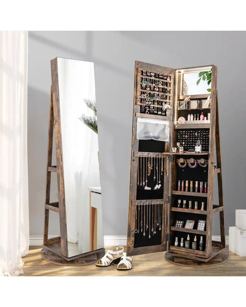 360° Rotating Mirrored Jewelry Cabinet Armoire 3 Color LED Modes Lockable-Brown - Brown - Jewelry Armoires