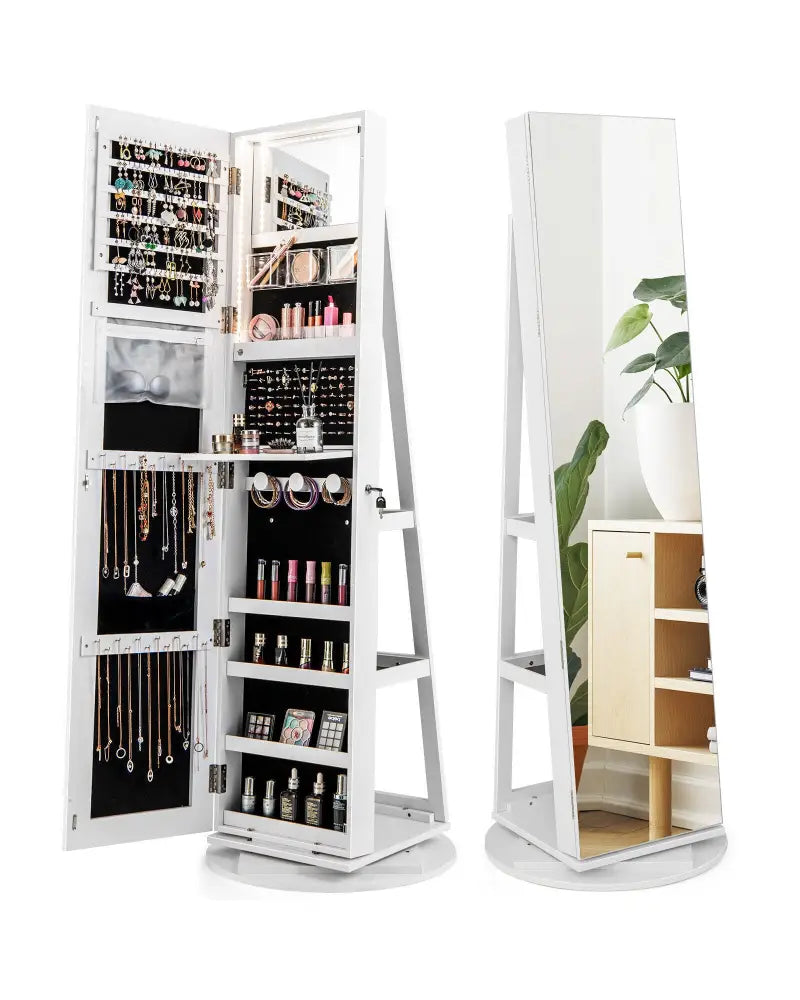 360° Rotating Mirrored Jewelry Cabinet Armoire 3 Color LED Modes Lockable-White - White - Jewelry Armoires