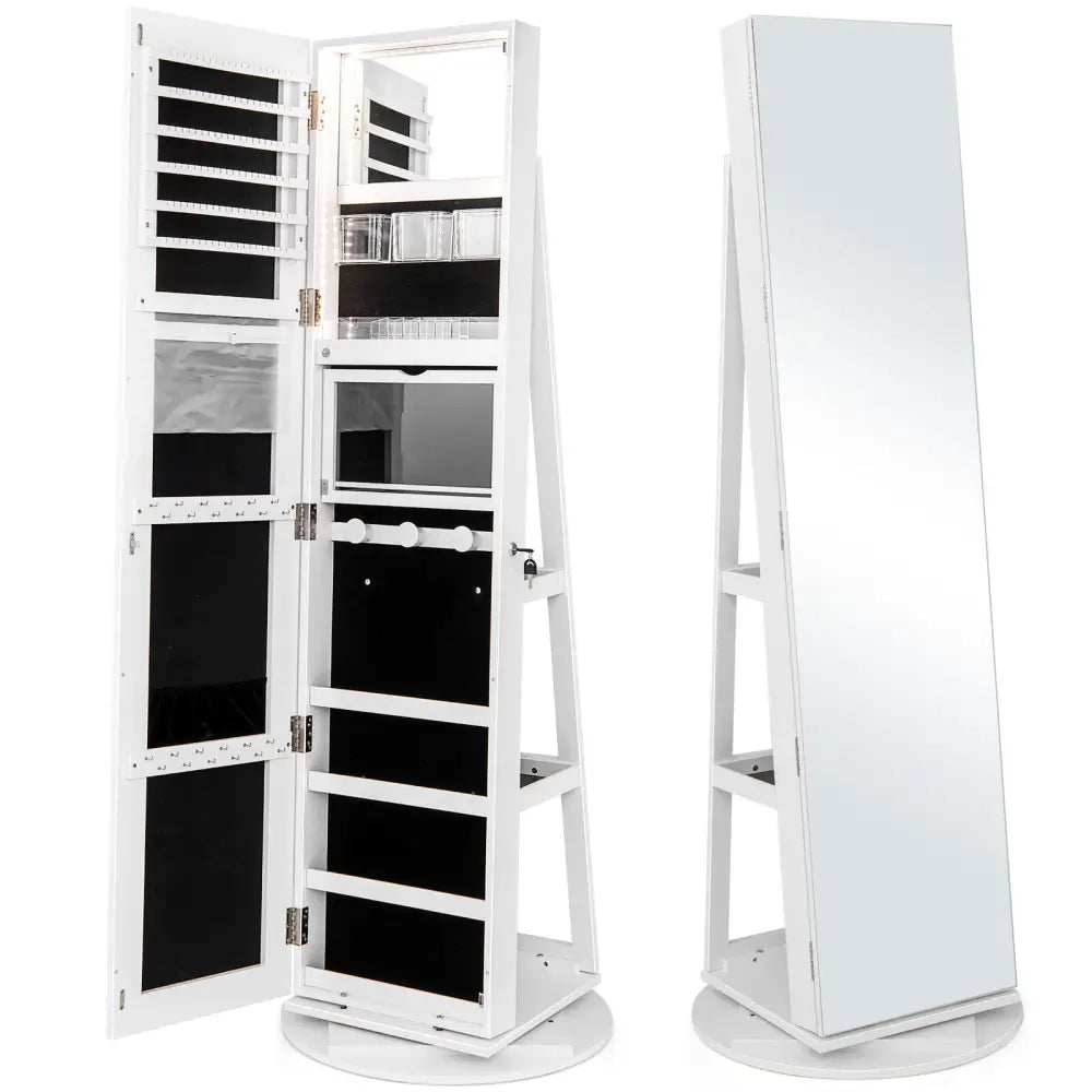 360° Rotating Mirrored Jewelry Cabinet Armoire 3 Color LED Modes Lockable-White - White - Jewelry Armoires
