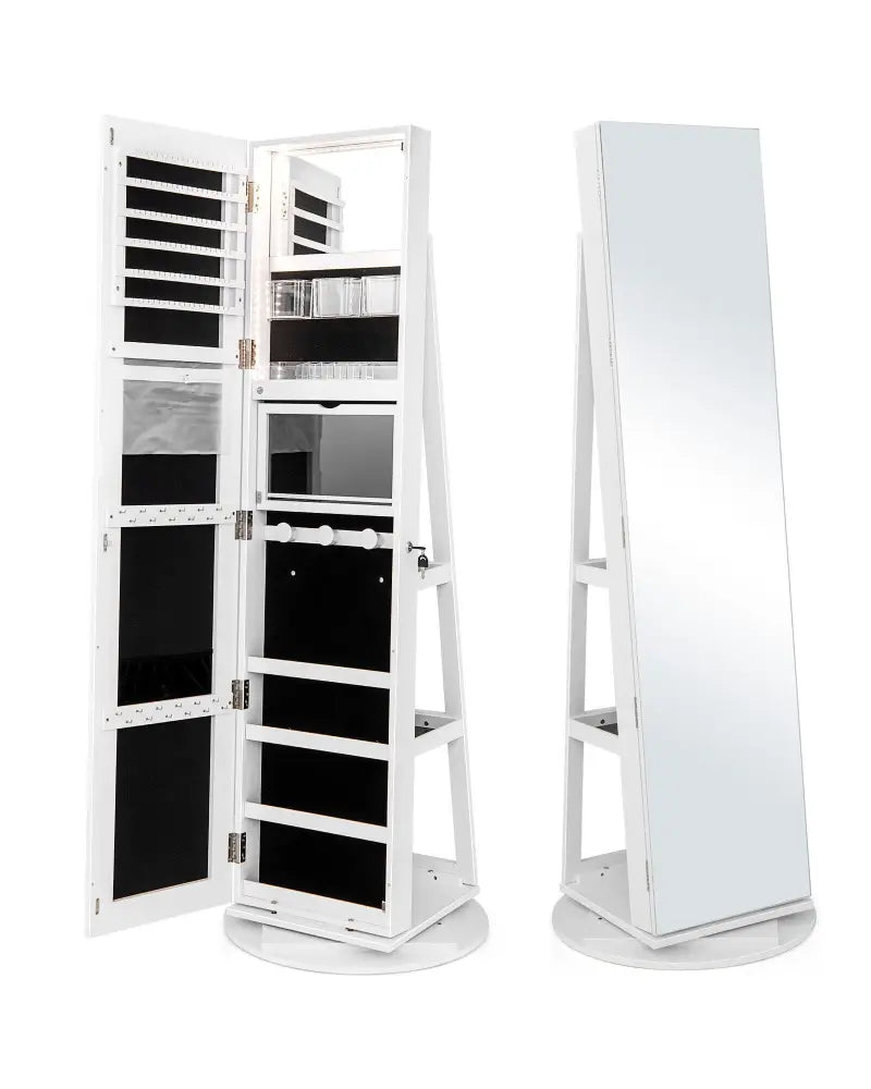360° Rotating Mirrored Jewelry Cabinet Armoire 3 Color LED Modes Lockable-White - White - Jewelry Armoires