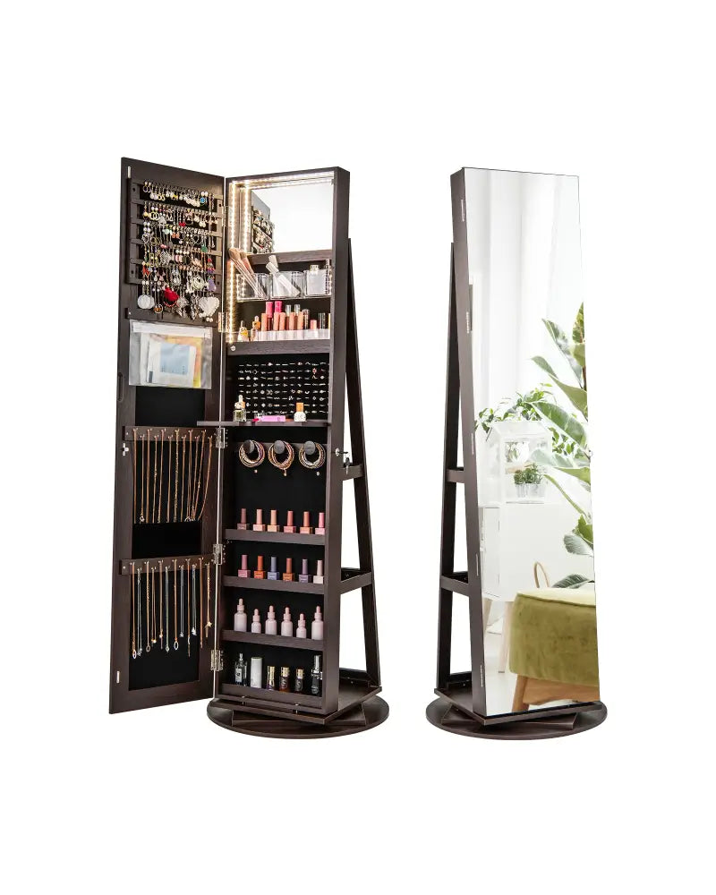 360° Rotating Mirrored Jewelry Cabinet Armoire 3 Color LED Modes Lockable-Espresso - Espresso - Jewelry Armoires