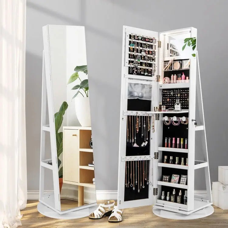 360° Rotating Mirrored Jewelry Cabinet Armoire 3 Color LED Modes Lockable - White - Oasis Home Essentials