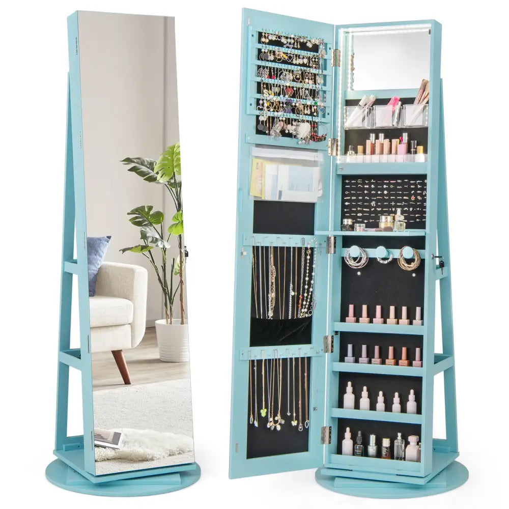 360° Rotating Mirrored Jewelry Cabinet Armoire 3 Color LED Modes Lockable-Blue - Blue - Jewelry Armoires