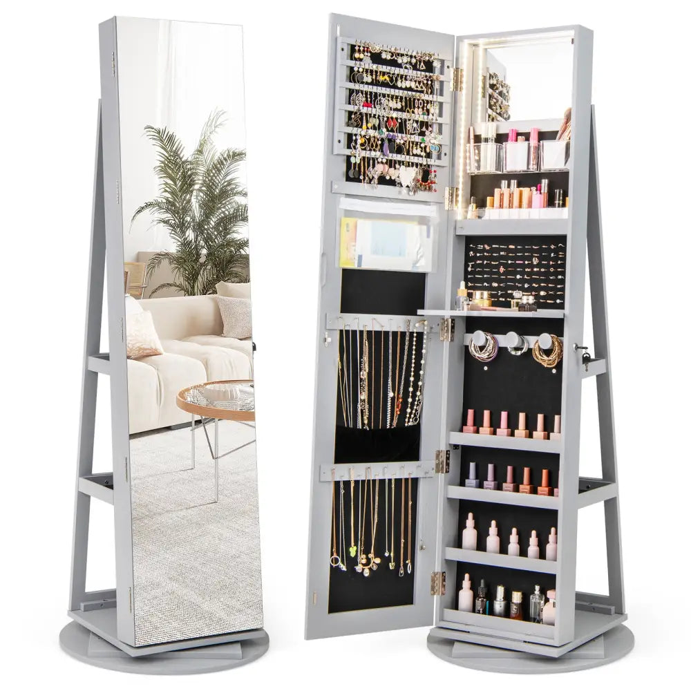 360° Rotating Mirrored Jewelry Cabinet Armoire 3 Color LED Modes Lockable-Gray - Gray - Jewelry Armoires