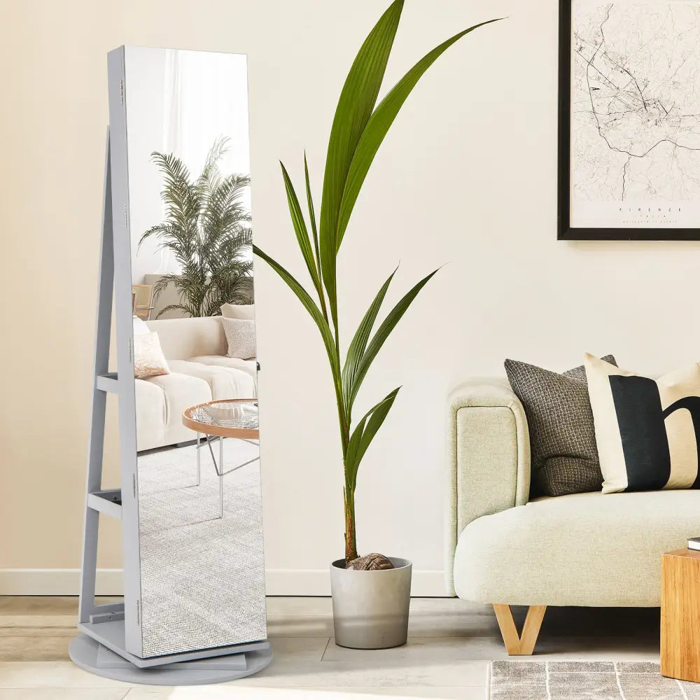 360° Rotating Mirrored Jewelry Cabinet Armoire 3 Color LED Modes Lockable-Gray - Gray - Jewelry Armoires