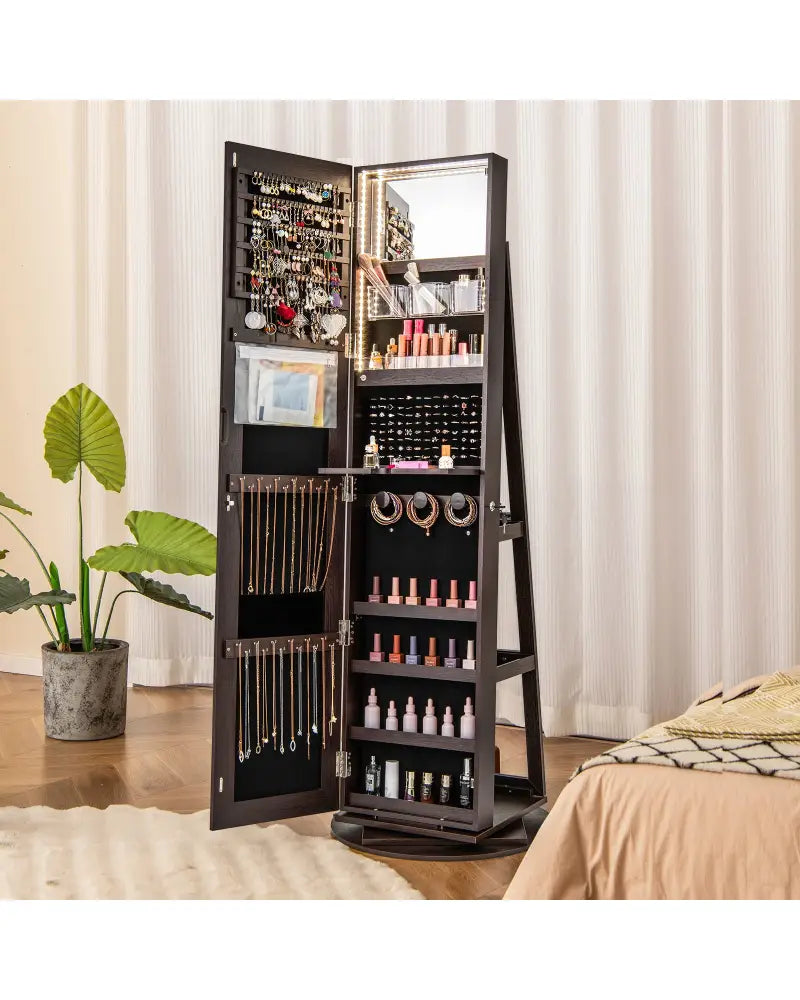 360° Rotating Mirrored Jewelry Cabinet Armoire 3 Color LED Modes Lockable-Espresso - Espresso - Jewelry Armoires