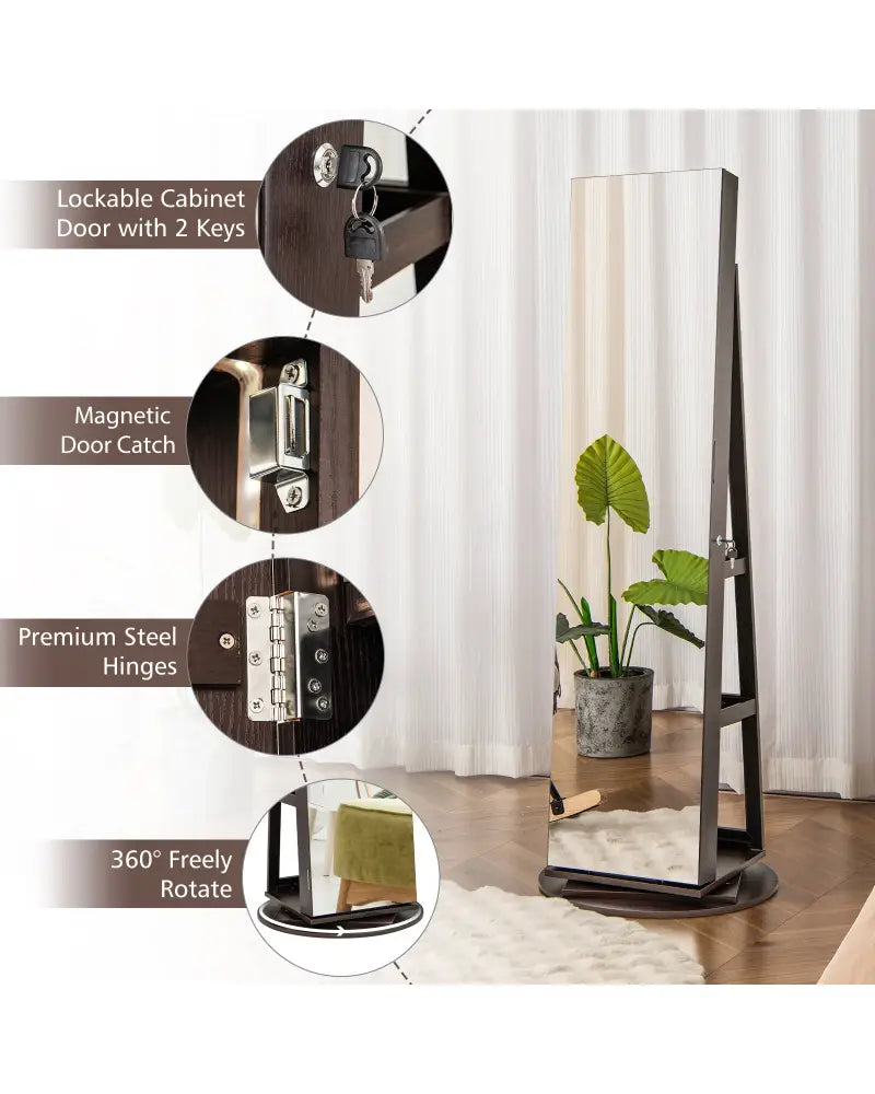 360° Rotating Mirrored Jewelry Cabinet Armoire 3 Color LED Modes Lockable-Espresso - Espresso - Jewelry Armoires