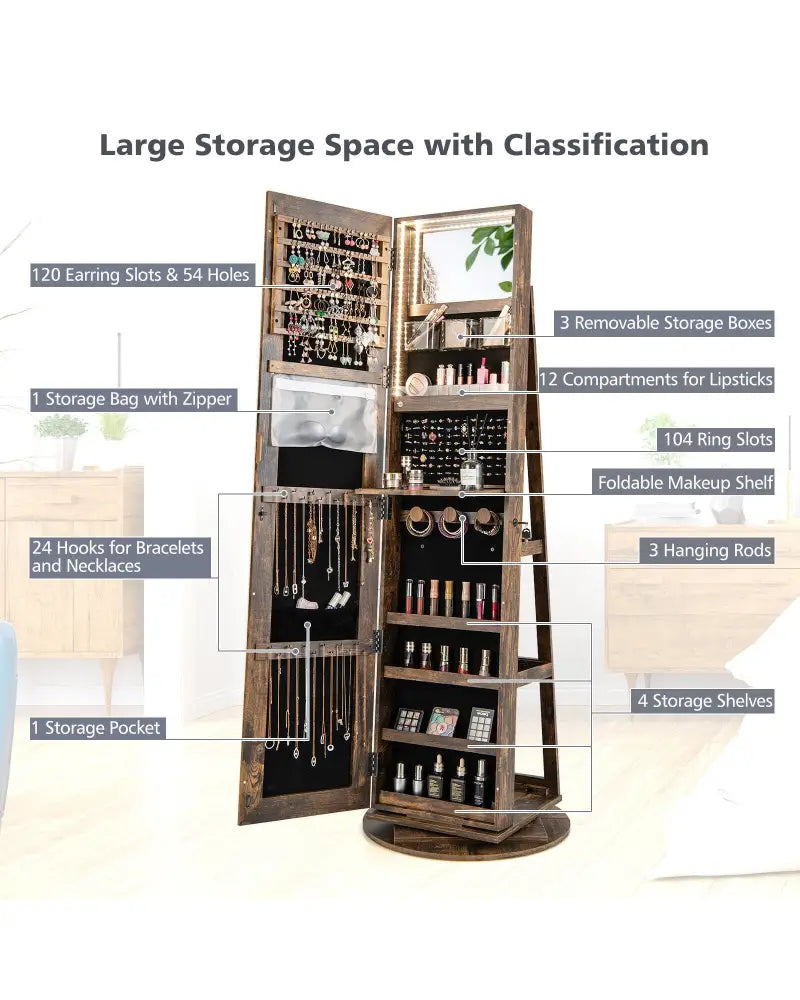 360° Rotating Mirrored Jewelry Cabinet Armoire 3 Color LED Modes Lockable-Brown - Brown - Jewelry Armoires