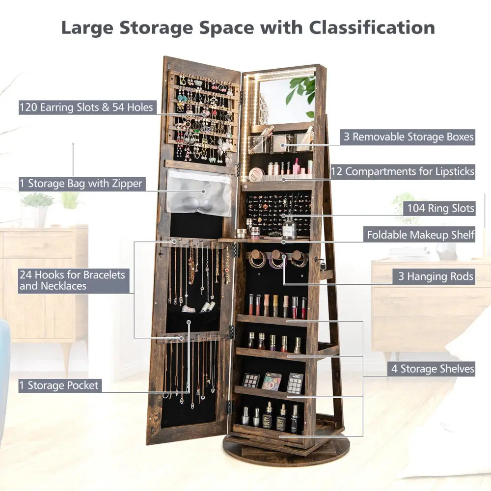 360° Rotating Mirrored Jewelry Cabinet Armoire 3 Color LED Modes Lockable-Brown - Brown - Jewelry Armoires