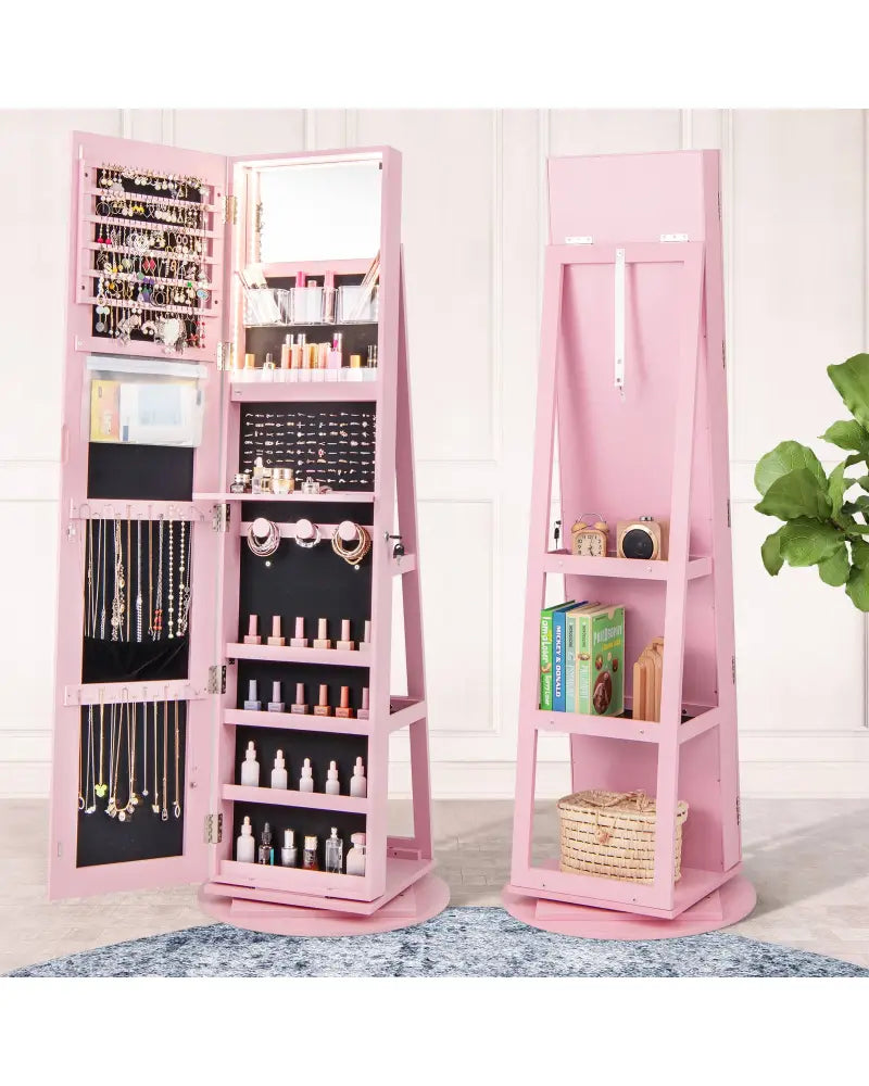 360° Rotating Mirrored Jewelry Cabinet Armoire 3 Color LED Modes Lockable-Pink - Pink - Jewelry Armoires